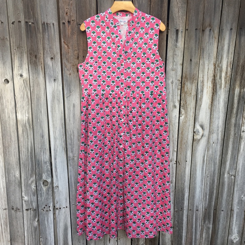 Beau & Ro Emily Midi Dress Cotton Pink Floral Block Print L
